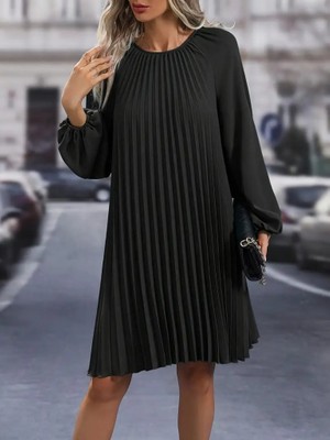 Egecen Kadın Uzun Kollu Yuvarlak Yaka Pileli Salaş Mini Ithal Krep Elbise