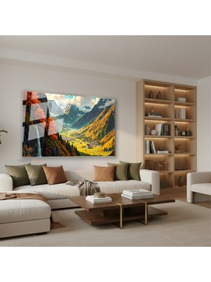 Tablonhazır Yatay Cam Tablo Salon Duvar Tablosu Yatay Cam Selale Yaninda Sehir Yeni Ev Hediyesi Ofis Tablosu