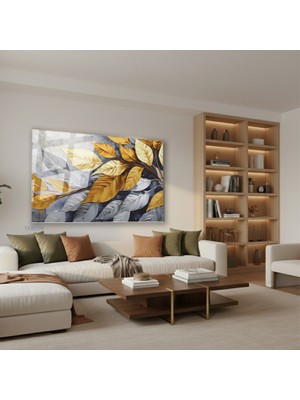 Tablonhazır Yatay Cam Tablo Salon Duvar Tablosu Yatay Cam Grialtinyapraklar Yeni Ev Hediyesi Ofis Tablosu