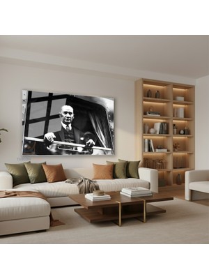 Tablonhazır Yatay Cam Tablo Salon Duvar Tablosu Yatay Cam Ataturk Trende Yeni Ev Hediyesi Ofis Tablosu