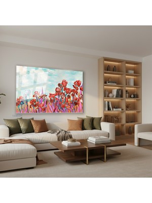 Tablonhazır Yatay Cam Tablo Salon Duvar Tablosu Yatay Cam Kirmiziçiçekler Yeni Ev Hediyesi Ofis Tablosu