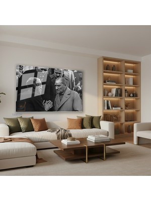 Tablonhazır Yatay Cam Tablo Salon Duvar Tablosu Yatay Cam Halk ve Ataturk Yeni Ev Hediyesi Ofis Tablosu