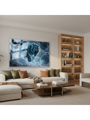 Tablonhazır Yatay Cam Tablo Salon Duvar Tablosu Yatay Cam Kartal ve Kaplan Yeni Ev Hediyesi Ofis Tablosu