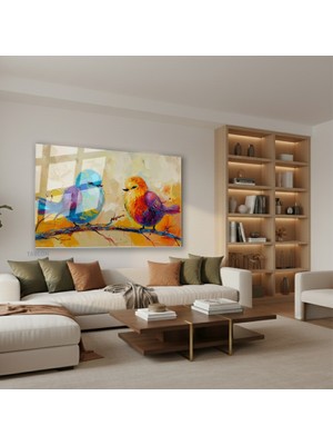 Tablonhazır Yatay Cam Tablo Salon Duvar Tablosu Yatay Cam Turuncu Mavi Kuslar Yeni Ev Hediyesi Ofis Tablosu