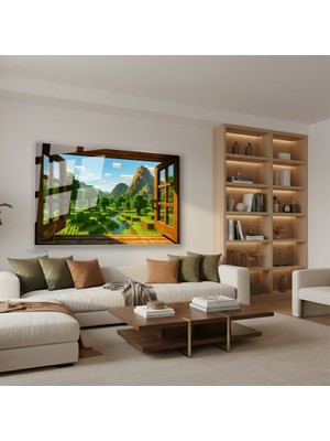 Tablonhazır Yatay Cam Tablo Salon Duvar Tablosu Yatay Cam Piksel Pencere Manzara Yeni Ev Hediyesi Ofis Tablosu