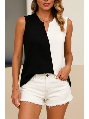 Deridün Yıldız Shoes Kadın Kolsuz V Yakalı Blok Renkli Ithal Krep Bluz