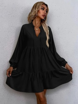 Deridün Yıldız Shoes Kadın Uzun Kollu Yakadan Bağcıklı Fırfırlı Keten Mini Elbise