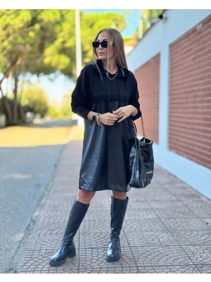Deridün Yıldız Shoes Kadın Uzun Kollu Kapüşon ve Deri Detay Diz Üstü Elbise