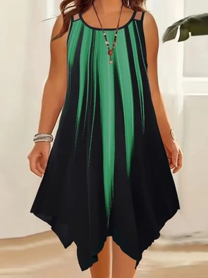 Deridün Yıldız Shoes Kadın Askılı Yuvarlak Yaka Asimetrik Detaylı Desenli Süprem Elbise