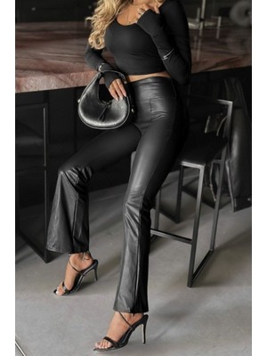 Deridün Yıldız Shoes Kadın Yüksek Bel Paçaya Doğru Geniş Deri Pantolon