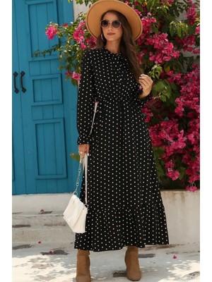 Deridün Yıldız Shoes Kadın Uzun Kollu Yakası Bağcıklı Uzun Puantiyeli Krep Maxi Elbise