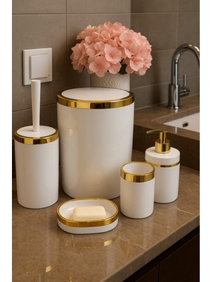 Özbience Şık 5'li Banyo Seti: Akrilik, Gold Detaylı, Çöp Kovası, Wc Fırçalık, Sabunluk
