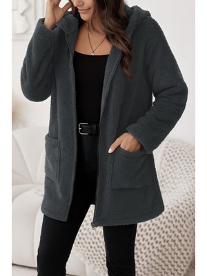 Deridün Yıldız Shoes Kadın Uzun Kollu Kapşonlu Önden Fermuarlı Cepli Welsoft Ceket