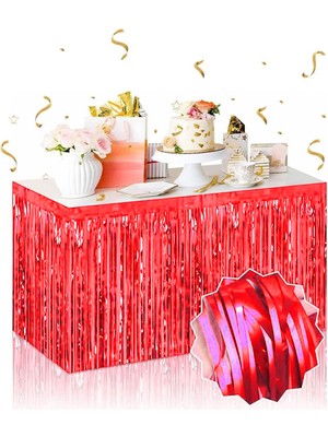 Dktt Kendinden Yapışkanlı Kırmızı Metalize Püsküllü Masa Eteği – 75 x 275 cm Parti Süslemesi
