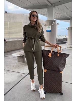 Deridün Yıldız Shoes Kadın Uzun Kollu Balıkçı Yaka Belden Lastikli Modal Bluz ve Pantolon Ikili Takım