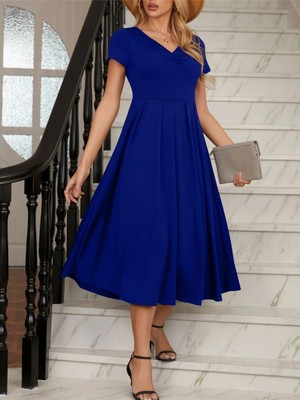 Deridün Yıldız Shoes Kadın Kısa Kollu V Yakalı Önden Pileli Midi Janjan Krep Elbise