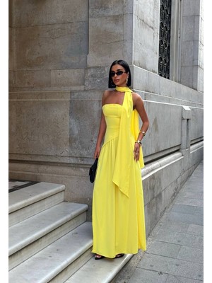 SEVENLINE Kadın Dubai Kumaş Şallı Straplez Maxi Boy Elbise Sarı - S