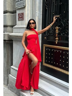 SEVENLINE Kadın Dubai Kumaş Şallı Straplez Maxi Boy Elbise Kırmızı - S