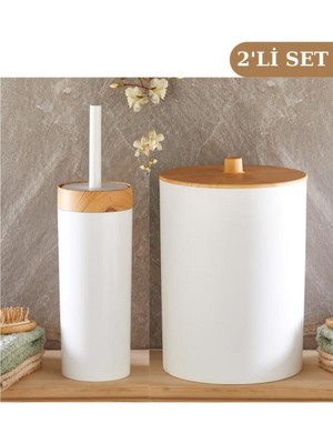 Özbience Bambu Desenli Çöp Kovası ve Klozet Wc Fırçası 2’li Set