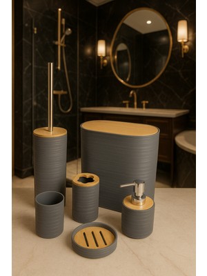 Özbience 6'lı Banyo Seti, Bambu Kapaklı, Gri, Oval, 8 Litre, Şık ve Kullanışlı