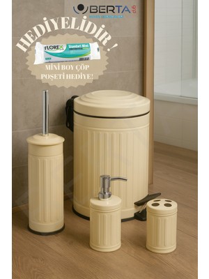 Özbience Vintage Dörtlü Banyo Seti, Krem Renkli, Çöp Kovası, Tuvalet Fırçası, Diş Fırçalığı, Sıvı Sabunluk
