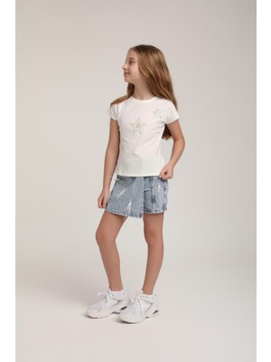 Escabel Yıldız Taşlı Tüylü Şort Etek - Mavi