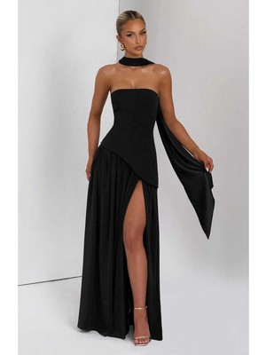 SEVENLINE Kadın Dubai Kumaş Şallı Straplez Maxi Boy Elbise Siyah - Xs