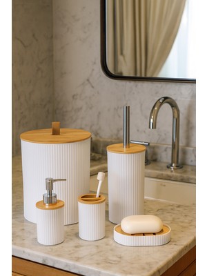 Özbience 5 Parça Yuvarlak Banyo Seti, Bambu Kapaklı, Beyaz, 7 Litre