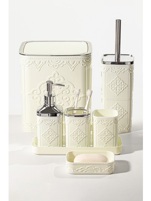 Özbience 7 Parça Desenli Kare Click Kapaklı Beyaz Banyo Seti, 8 Litre