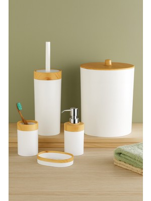Özbience Bambu Desenli 5'li Banyo Seti Çöp Kovası, Sıvı Sabunluk ve Diş Fırçalık