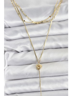 Stillove Pirinç Gold Renk Düğüm Model Detaylı 3'lü Kombin Y Kadın Kolye