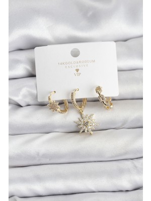 Stillove Pirinç Gold Renk Kutup Yıldızı Model 3'lü Kadın Küpe Seti