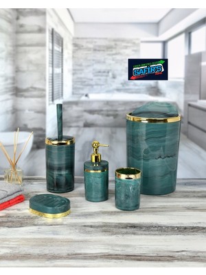 Özbience Şık Mermer Desenli 5 Parça Banyo Seti, Wc Fırçalık, Sabunluk, Çöp Kovası