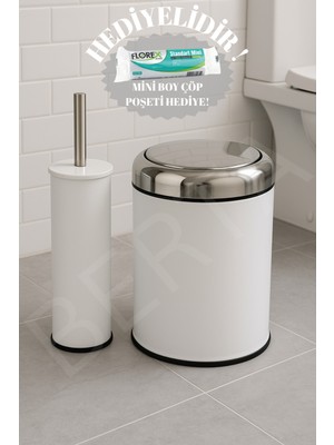 Özbience Beyaz Pratik Kapaklı Çöp Kovası ve Tuvalet Fırçası Banyo Seti