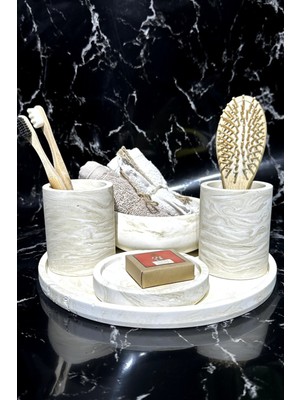 Özbience Mermer Desenli 5 Parça Banyo Seti, Diş Fırçalık, Takılık, Havluluk, Sunum