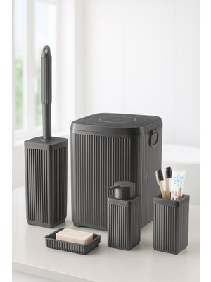 Özbience Şık Gri Banyo Seti, 5 Parça, Akrilik Kare, Çöp Kovası, Sabunluk & Fırçalık