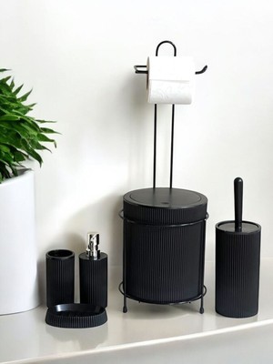 Özbience Pratik 6 Parça Banyo Seti, Metal Standlı Çöp Kovası, Wc Kağıtlık ve Fırça