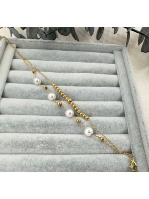 Hg.Aksesuar Kadın Çift Zincirli Inci ve Top Detaylı Çelik Bileklik