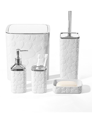 Özbience 5 Parça Kalp Desenli Beyaz Banyo Seti, Kare, Click Kapak, 8 Litre