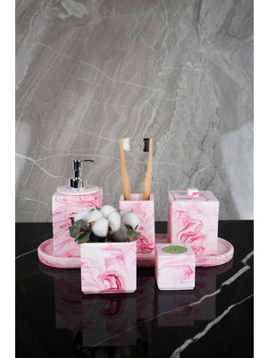 Özbience 7 Parça Mermer Desenli Banyo Seti - Sıvı Sabunluk, Diş Fırçalık, Mumluk