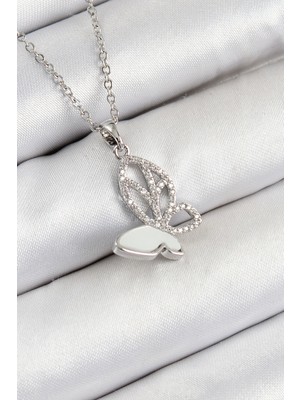 Dktt 316L Çelik Zirkon Taşlı Kelebek Model Gümüş Renk Kadın Kolye - TJ-BKO10360