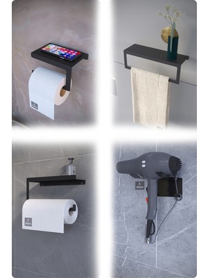 Özbience Pratik Metal 4'lü Set: Tuvalet Kağıtlık, Havlu Askısı, Kağıt Havluluk ve Fön Tutucu