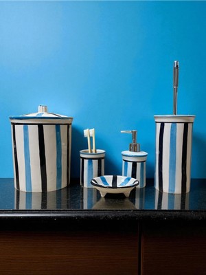 Özbience Modern Mavi ve Siyah Seramik Banyo Seti, 5 Parça, Retro Tasarım