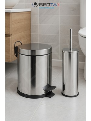 Özbience Şık 2'li Metal Banyo Seti, Çöp Kovası ve Tuvalet Fırçası, Paslanmaz Çelik