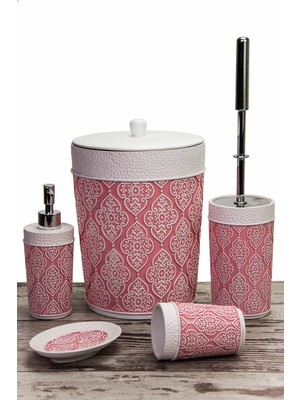 Özbience Şık Dantel Pembe 5 Parça Polyester Banyo Seti