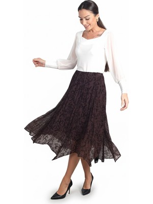 By Saygı Kadın Beli Lastikli Astarlı Flok Baskı Parçalı Midi Etek