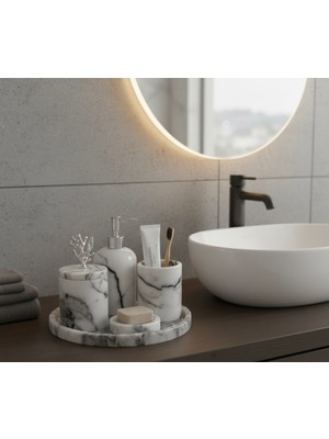 Özbience Lüks Doğal Mermer Banyo Seti, Sabunluk, Tepsi, Pamukluk, Diş Fırçalık (4’lü)