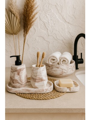 Özbience Mermer Desenli 5 Parça Banyo Seti, Sabunluk, Diş Fırçalık, Havluluk, Tepsi