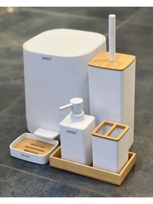 Özbience Bambu Kapaklı 5 Parça Banyo Seti Beyaz, Şık ve Kullanışlı Tasarım