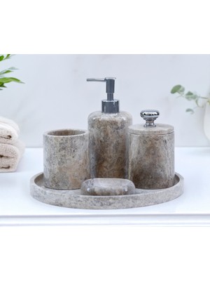 Özbience Şık 5 Parça Mermer Banyo Seti: Sabunluk, Tepsi, Pamukluk ve Diş Fırça